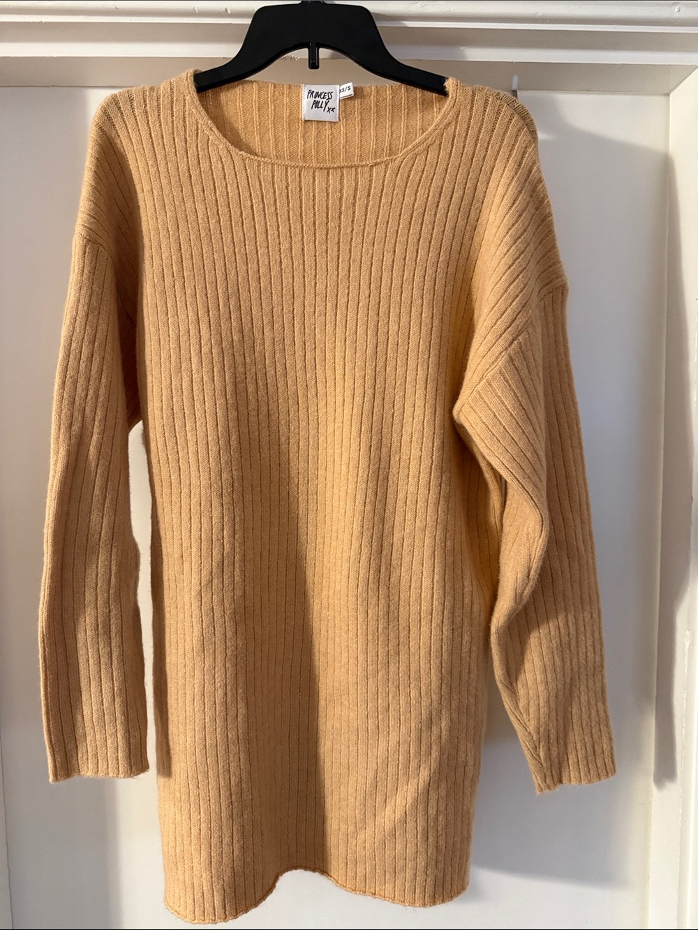Princess Polly Ribbed Crewneck Sweater Dress in Camel Tan Size XS / S